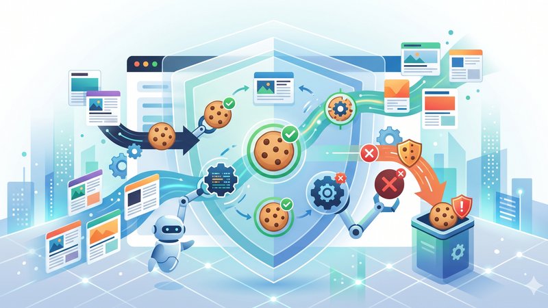 Современная иллюстрация инструментов управления файлами cookie для новостных агрегаторов в минималистичном бизнес-стиле